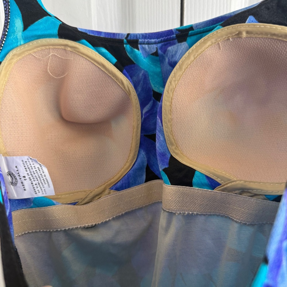 Maxine of Hollywood Floral One Piece Swimsuit 14 Blue Retro Tropical Swim - Picture 6 of 8